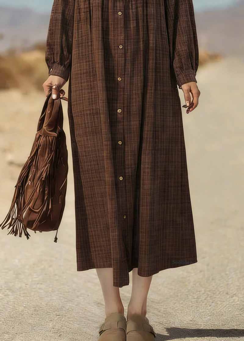 Retro Coffee Plaid Button Cotton Shirts Dress Spring