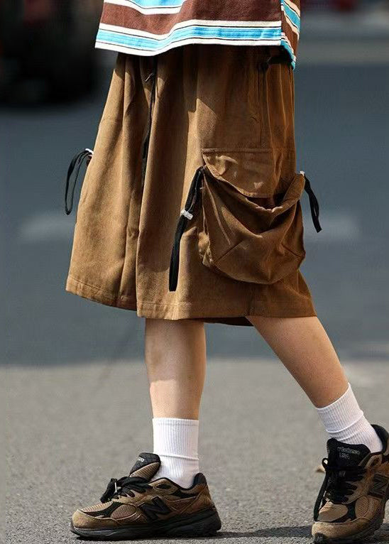 Retro Coffee Pockets Drawstring Cotton Shorts Summer