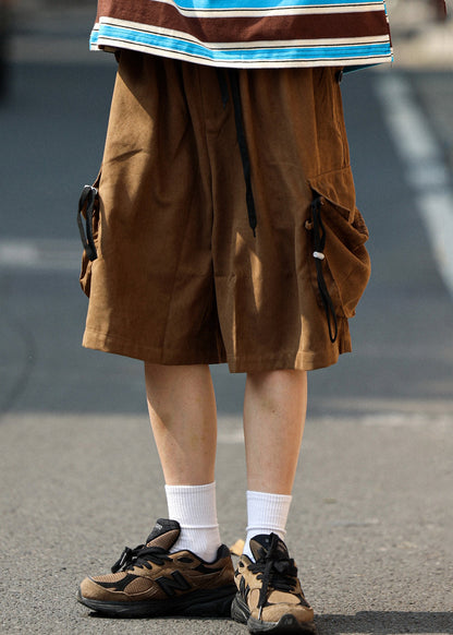 Retro Coffee Pockets Drawstring Cotton Shorts Summer