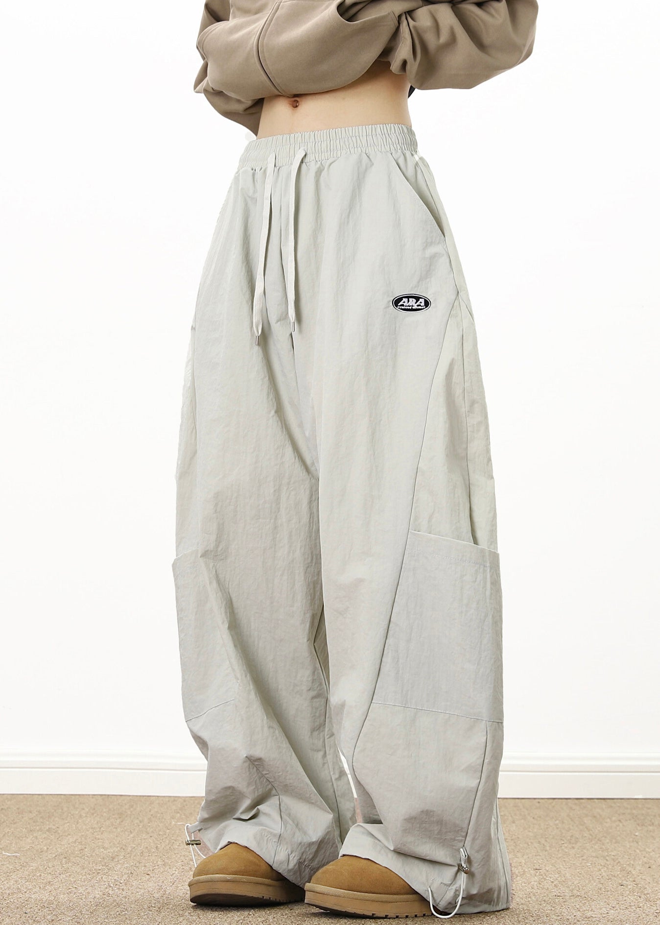 Retro Coffee Pockets Drawstring Elastic Waist Cotton Wide Leg Pants Spring