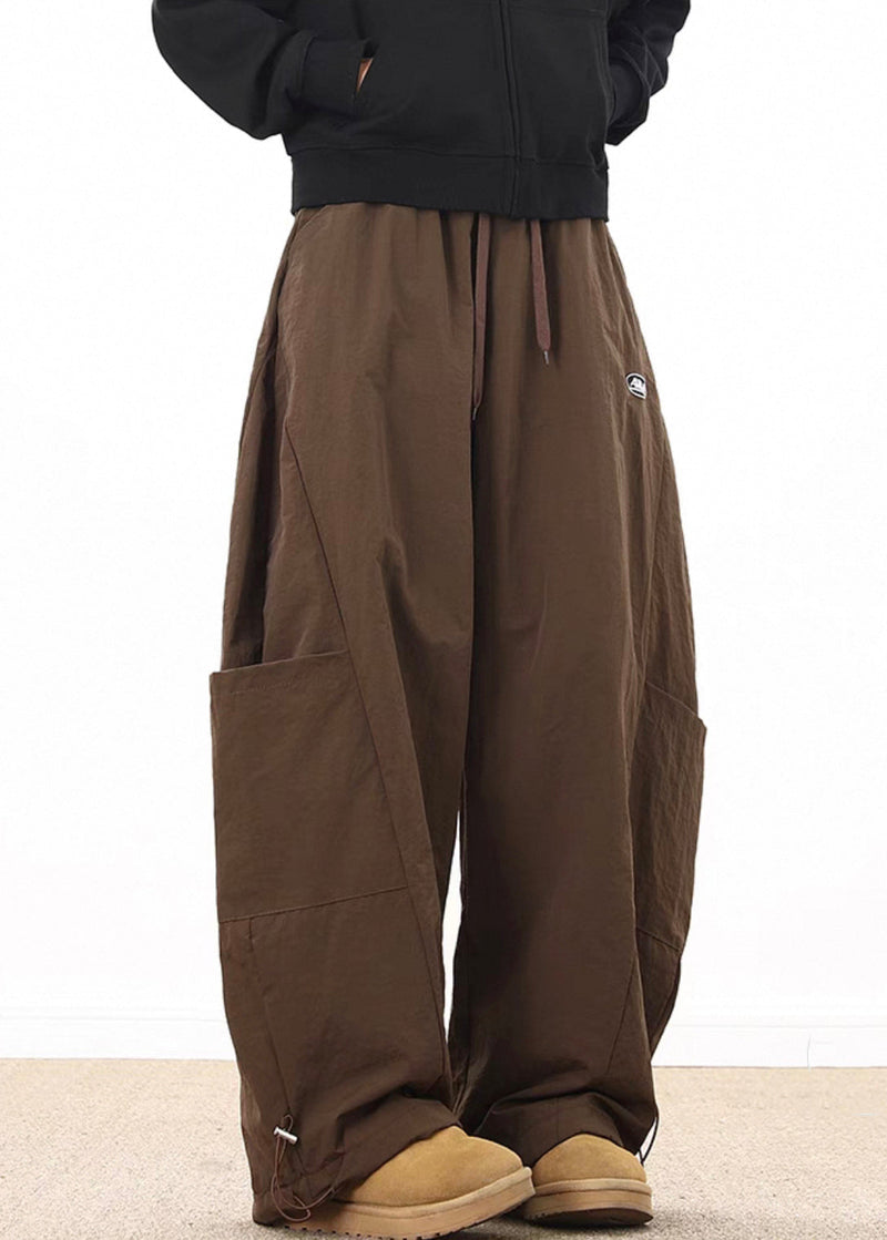 Retro Coffee Pockets Drawstring Elastic Waist Cotton Wide Leg Pants Spring