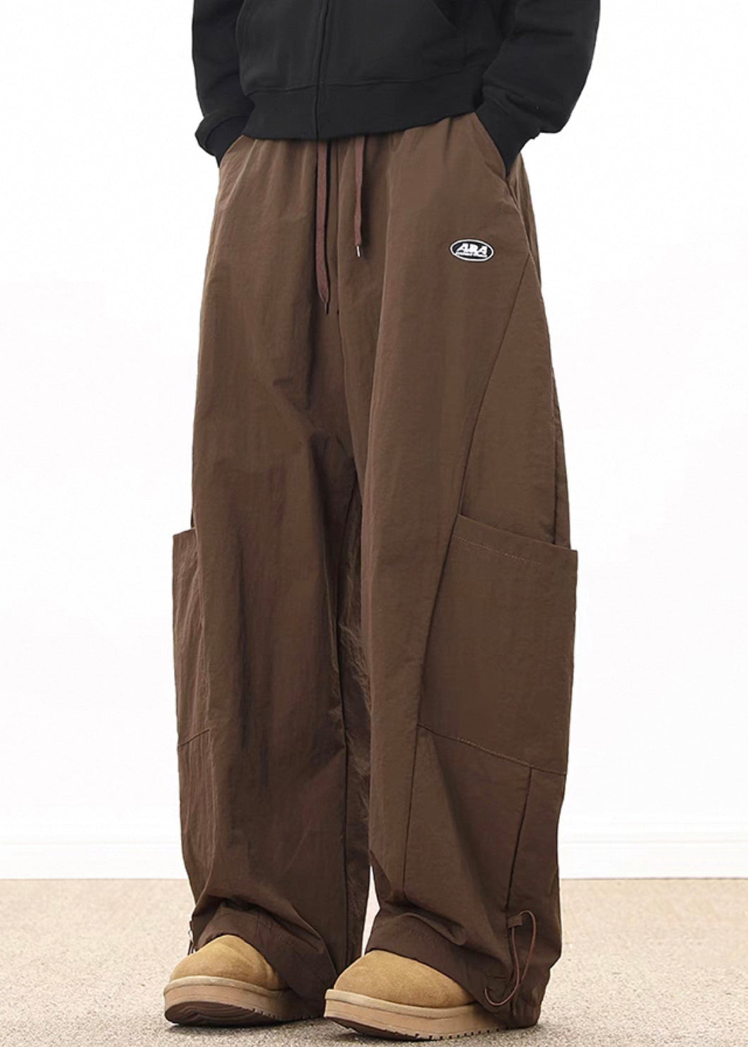 Retro Coffee Pockets Drawstring Elastic Waist Cotton Wide Leg Pants Spring
