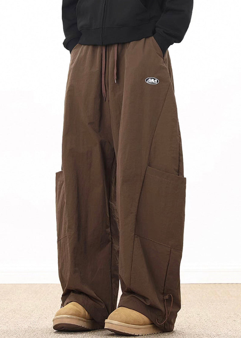 Retro Coffee Pockets Drawstring Elastic Waist Cotton Wide Leg Pants Spring