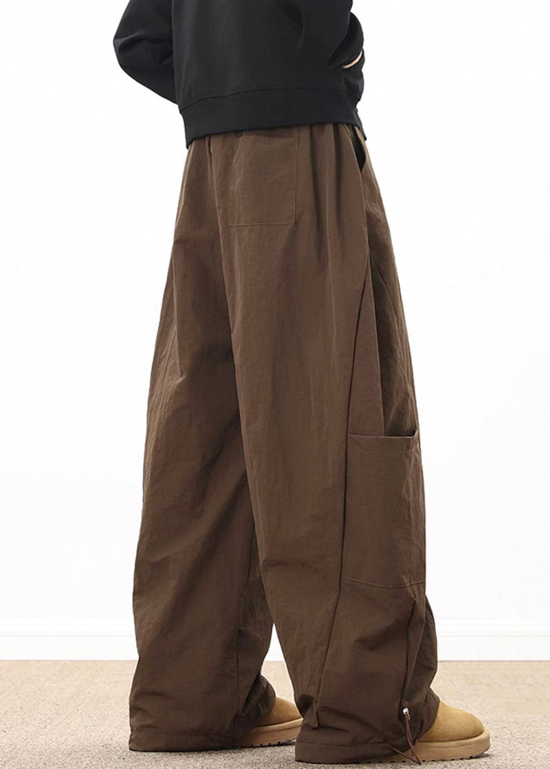 Retro Coffee Pockets Drawstring Elastic Waist Cotton Wide Leg Pants Spring