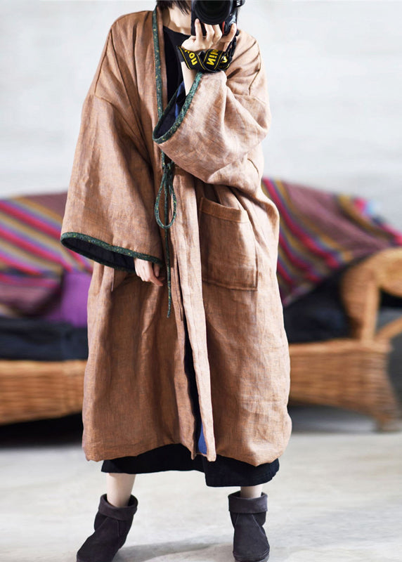 Retro Coffee Pockets Lace Up Fine Cotton Filled Coat Winter