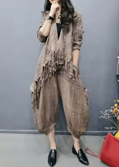 Retro Chocolate V Neck Tasseled Wrinkled Linen Coats and Lantern Pants Two Pieces Set Spring