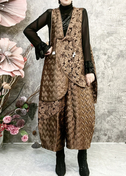 Retro Coffee Vest and Lantern Pants Cotton Filling Two-piece Set Winter