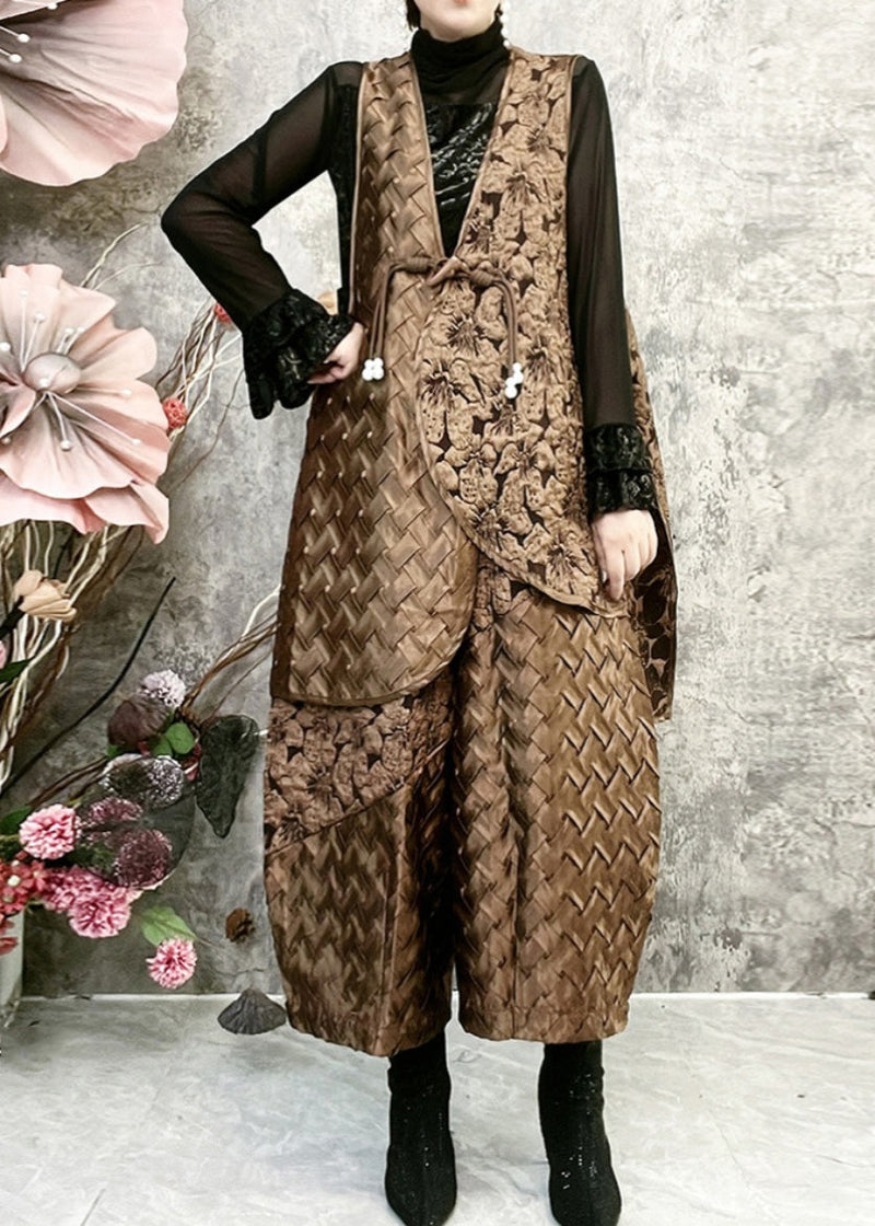 Retro Coffee Vest and Lantern Pants Cotton Filling Two-piece Set Winter