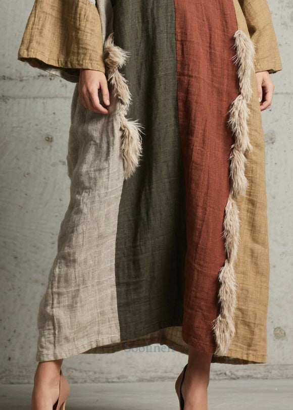 Retro Colorblock Oversized Patchwork Faux Fur Maxi Dresses Fall