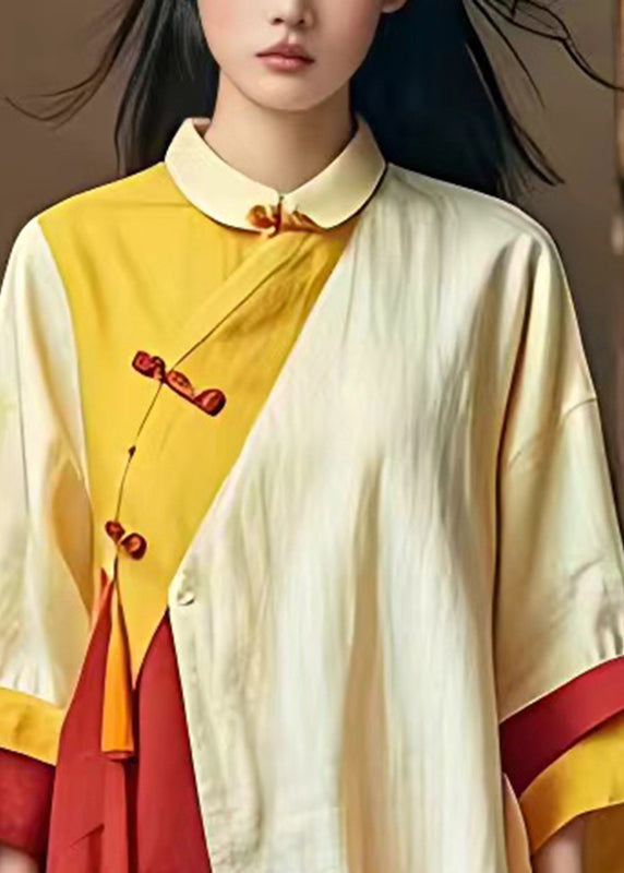 Retro Colorblock Peter Pan Collar Low High Design Long Top Long Sleeve