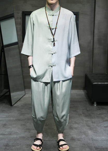 Retro Cyan Stand Collar Patchwork Ice Silk Shirt and Crop Pants Two Piece Set Half Sleeve