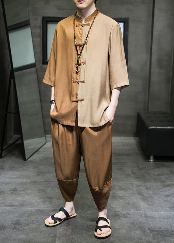 Retro Cyan Stand Collar Patchwork Ice Silk Shirt and Crop Pants Two Piece Set Half Sleeve