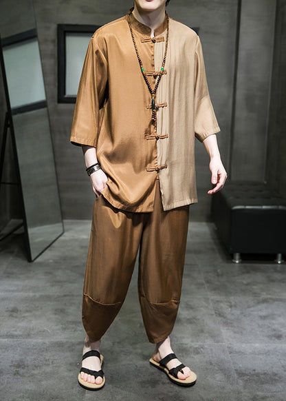 Retro Cyan Stand Collar Patchwork Ice Silk Shirt and Crop Pants Two Piece Set Half Sleeve