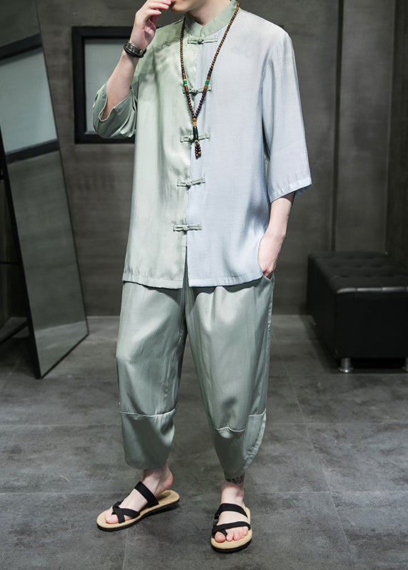 Retro Cyan Stand Collar Patchwork Ice Silk Shirt and Crop Pants Two Piece Set Half Sleeve