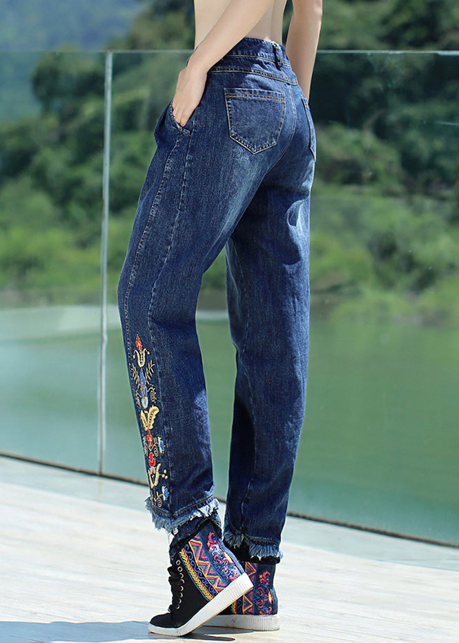 Retro Denim Blue Button Embroideried Straight Pants Spring