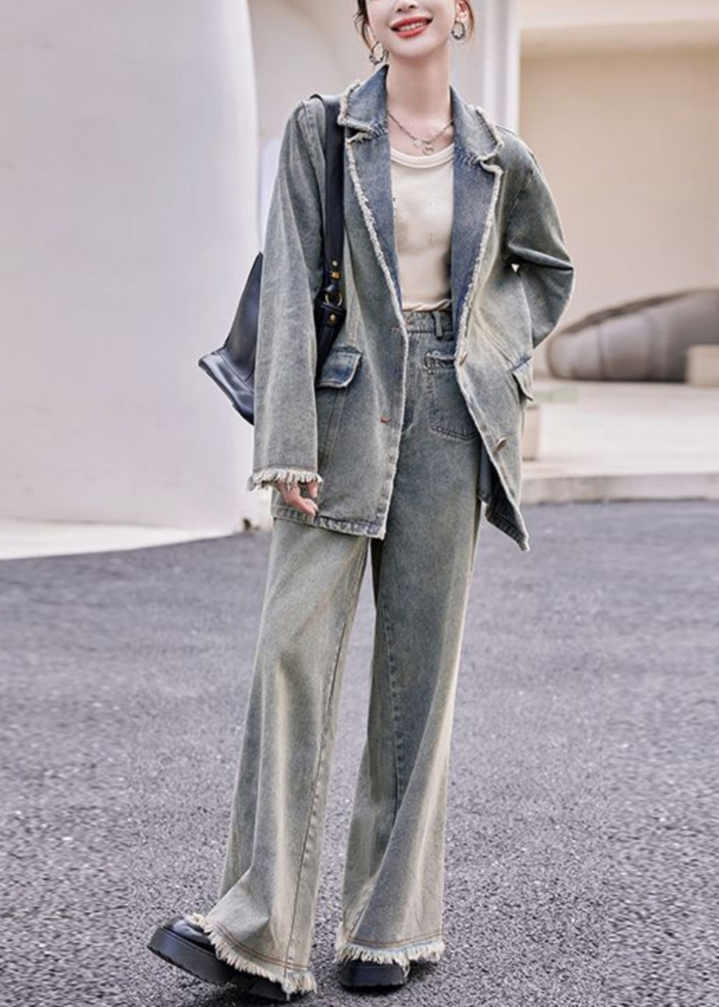 Retro Denim Blue Notched Patchwork Coats and Wide Leg Pants Two Pieces Set Fall