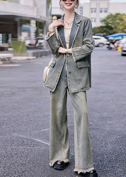 Retro Denim Blue Notched Patchwork Coats and Wide Leg Pants Two Pieces Set Fall