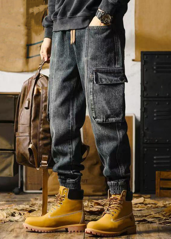 Retro Denim Blue Pockets Beam Pants Elastic Waist Spring