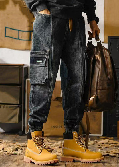Retro Denim Blue Pockets Beam Pants Elastic Waist Spring
