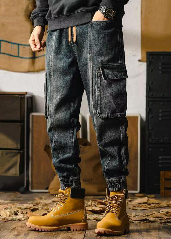 Retro Denim Blue Pockets Beam Pants Elastic Waist Spring