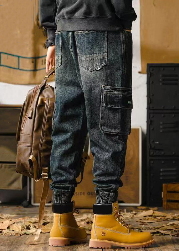 Retro Denim Blue Pockets Beam Pants Elastic Waist Spring