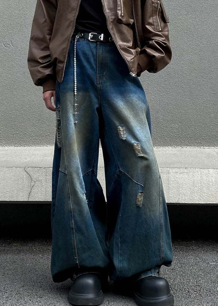 Retro Denim Navy Asymmetrical High Waist Hole Pants Fall