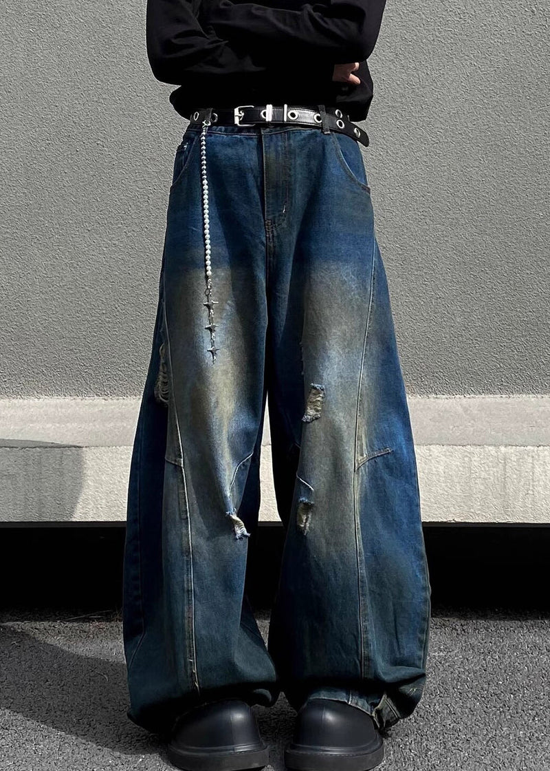 Retro Denim Navy Asymmetrical High Waist Hole Pants Fall