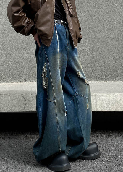 Retro Denim Navy Asymmetrical High Waist Hole Pants Fall