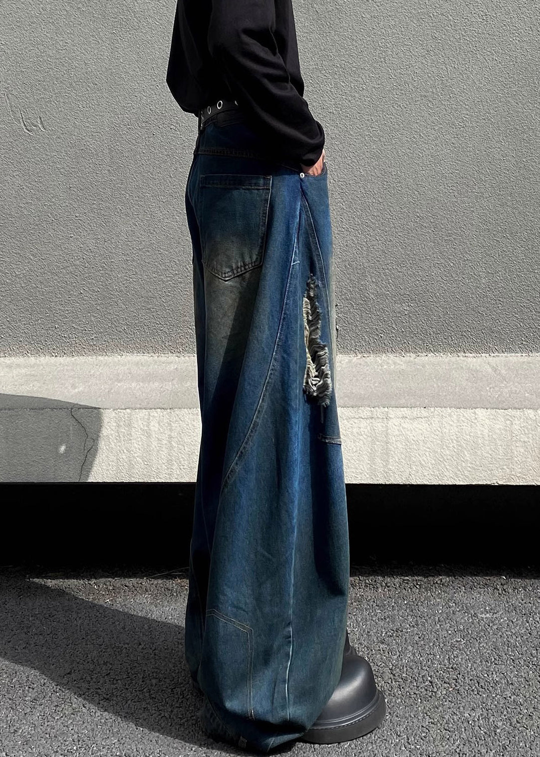 Retro Denim Navy Asymmetrical High Waist Hole Pants Fall