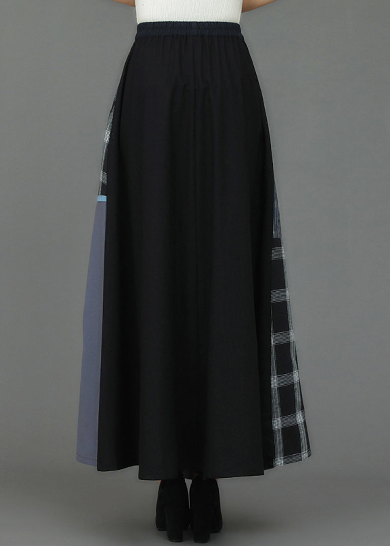 Retro Embroideried Pockets Plaid Patchwork Elastic Waist Skirts Fall