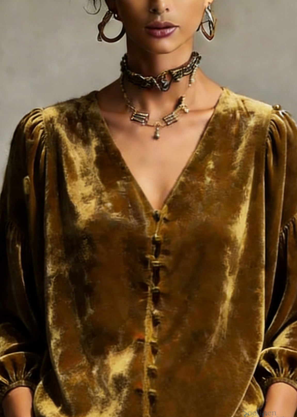 Retro Gold Yellow V Neck Patchwork Top Lantern Sleeve