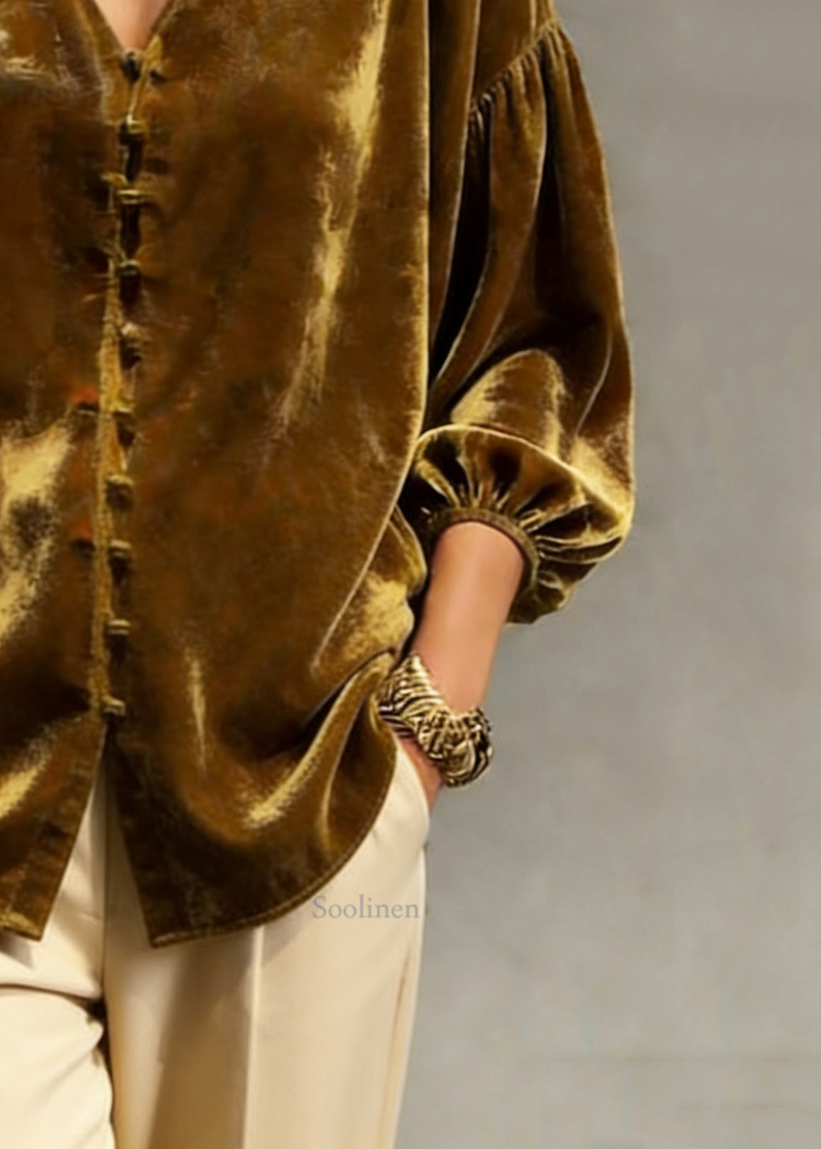 Retro Gold Yellow V Neck Patchwork Top Lantern Sleeve