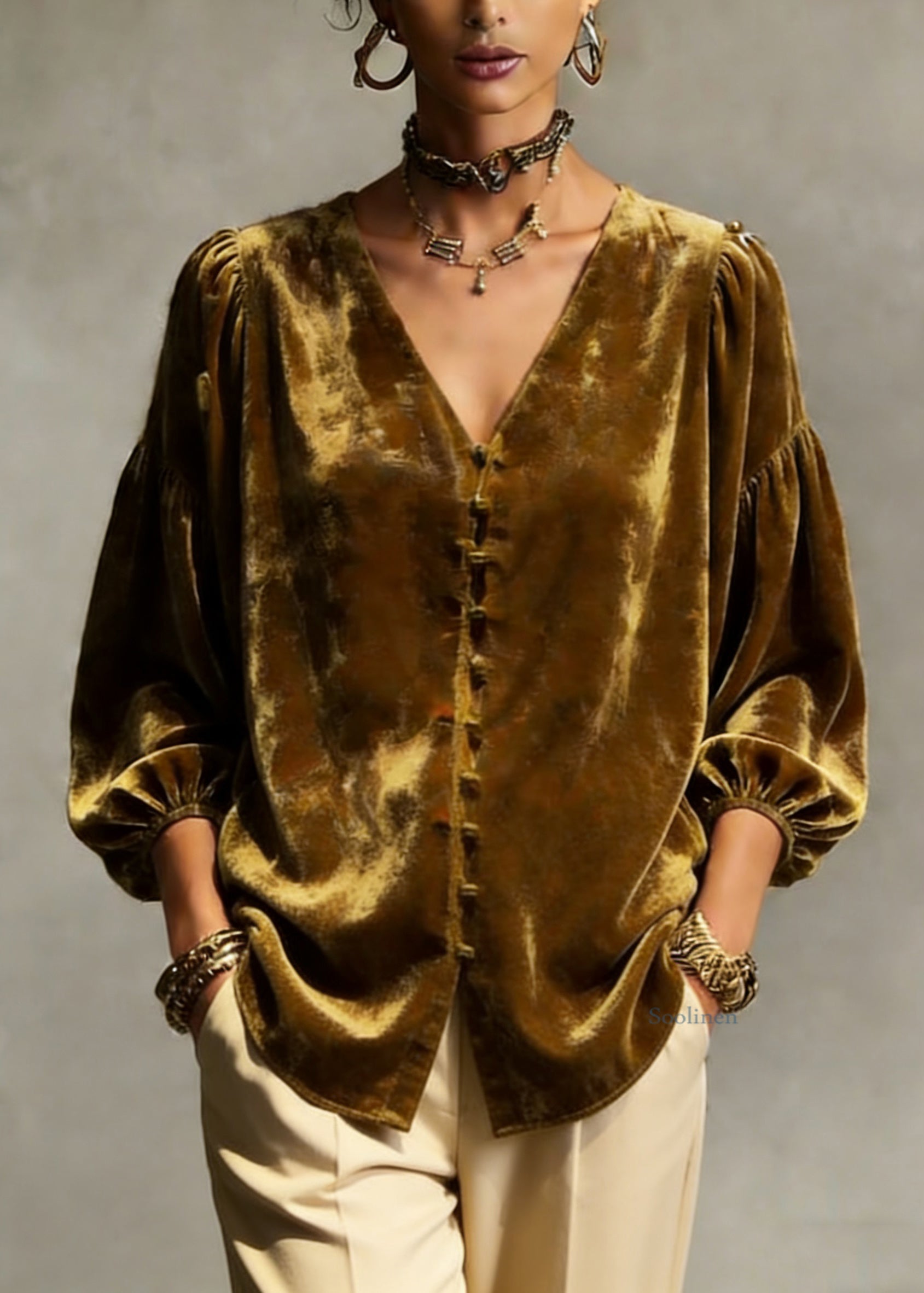 Retro Gold Yellow V Neck Patchwork Top Lantern Sleeve