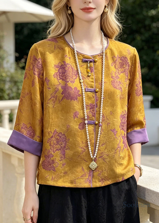 Retro Golden Jacquard Chinese Button Silk Top Half Sleeve