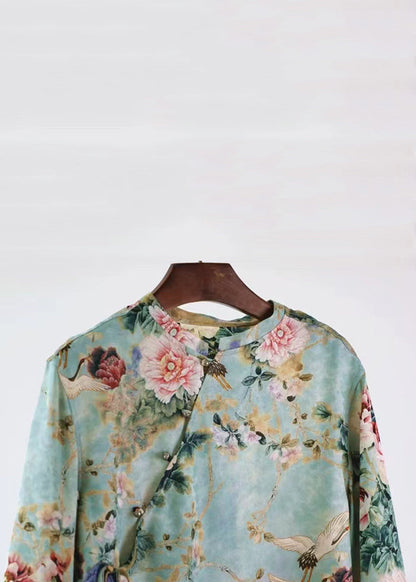 Retro Green Button Print Low High Design Silk Shirt Fall