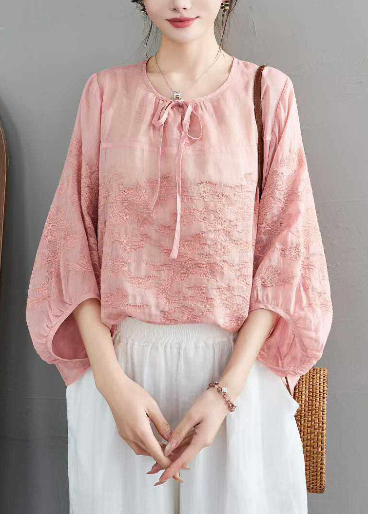 Retro Green Embroidery Lace Up Linen Top Summer