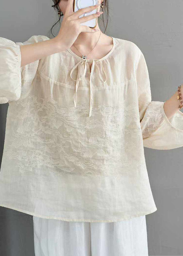 Retro Green Embroidery Lace Up Linen Top Summer