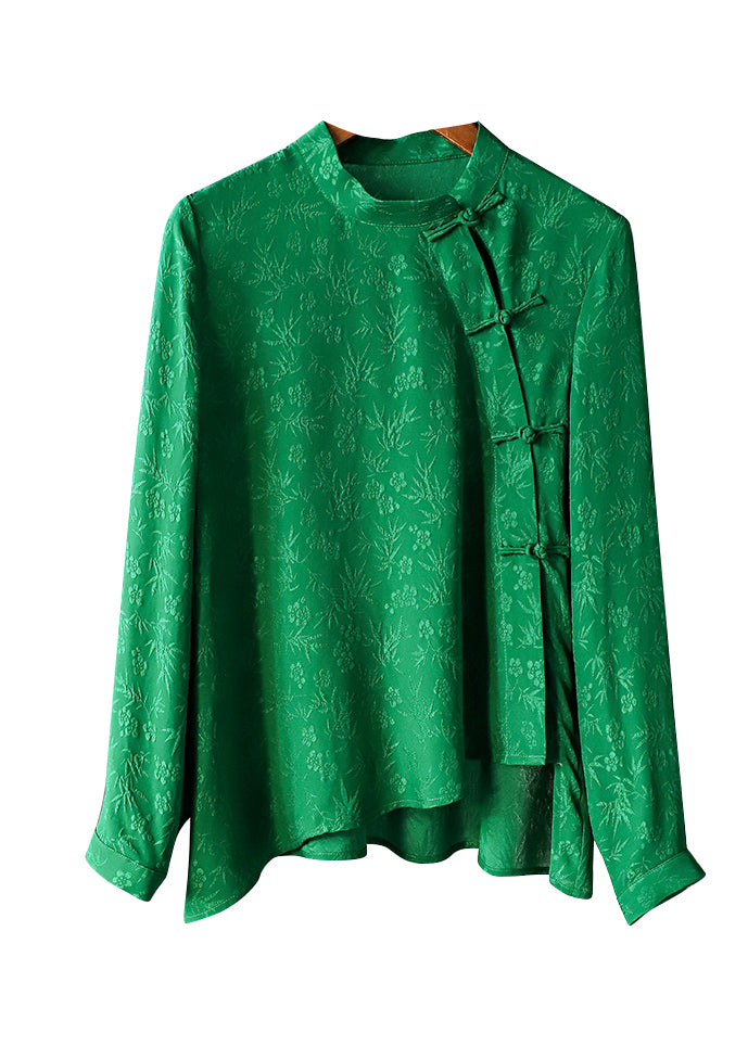 Retro Green Mandarin Collar Button Asymmetrical Design Jacquard Silk Shirts Spring