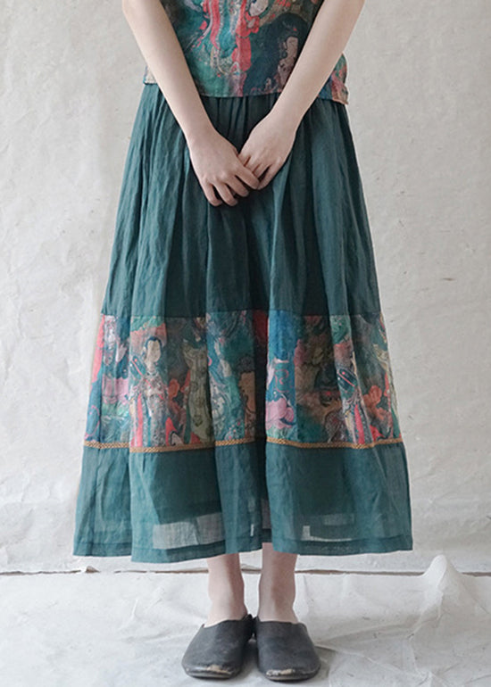 Retro Green Elastic Waist Drawstring Print Patchwork Linen Skirt Spring