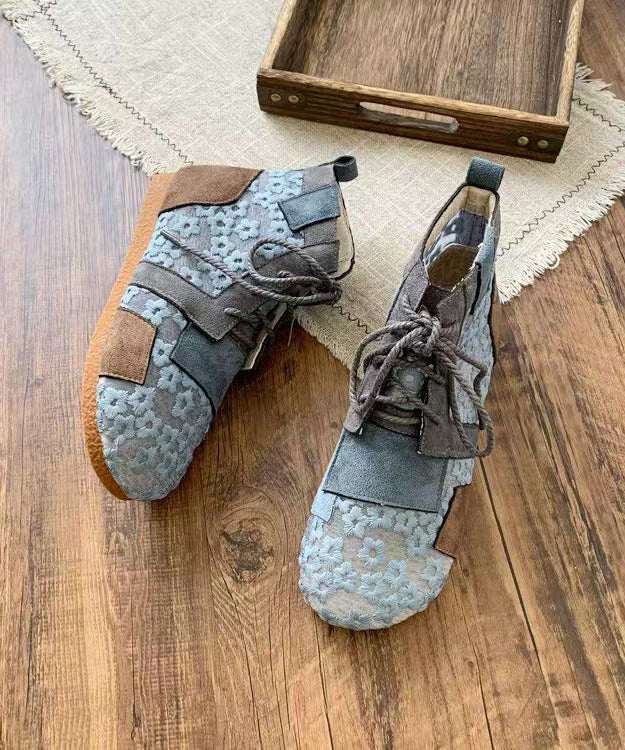 Retro Grey Flat Boots Splicing Lace Up Hollow Out Soolinen Shoes-20251