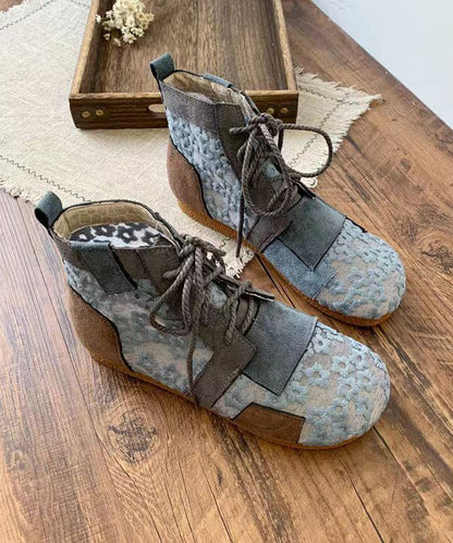 Retro Grey Flat Boots Splicing Lace Up Hollow Out Soolinen Shoes-20251