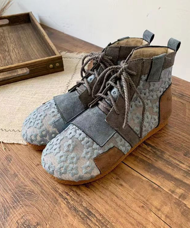 Retro Grey Flat Boots Splicing Lace Up Hollow Out Soolinen Shoes-20251