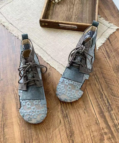 Retro Grey Flat Boots Splicing Lace Up Hollow Out Soolinen Shoes-20251