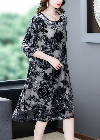 Retro Grey O-neck Embroideried Hollow Out Party Long Dress Summer