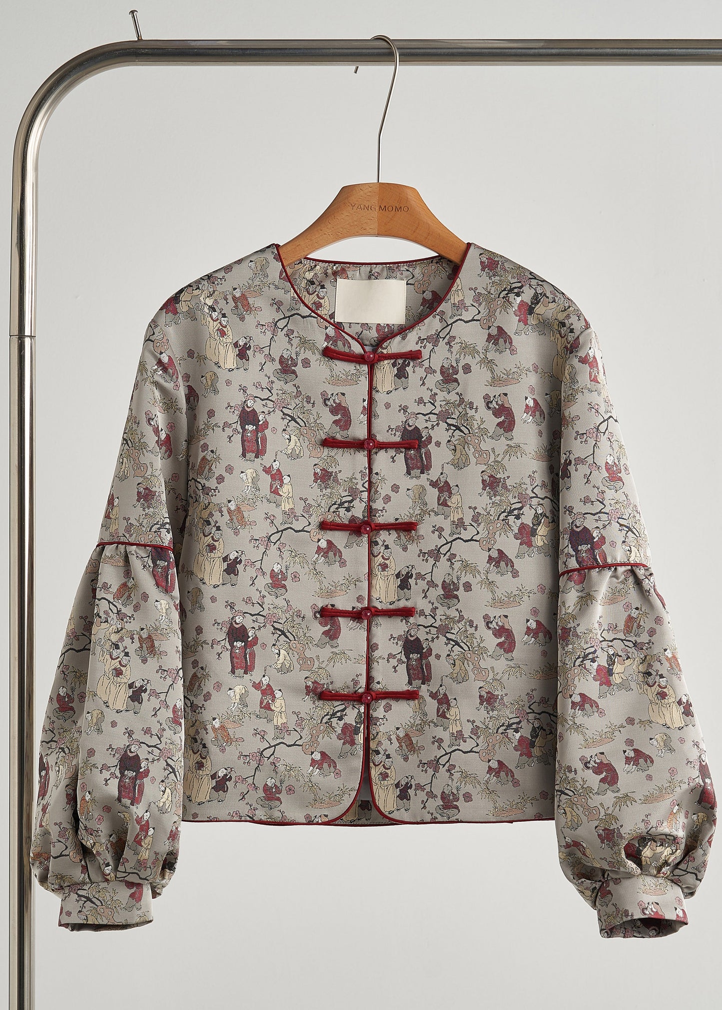 Retro Grey Oversized Print Cotton Oriental Jacket Spring