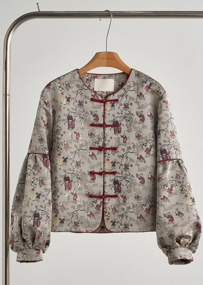 Retro Grey Oversized Print Cotton Oriental Jacket Spring