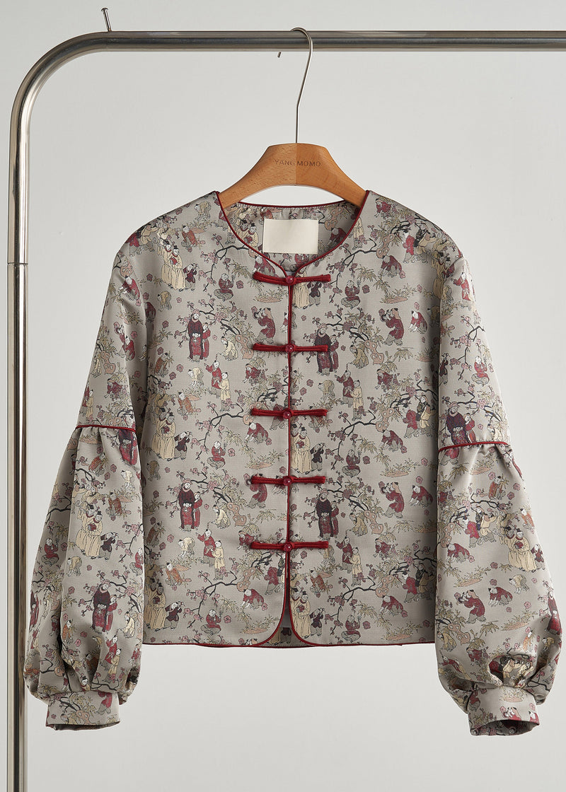 Retro Grey Oversized Print Cotton Oriental Jacket Spring