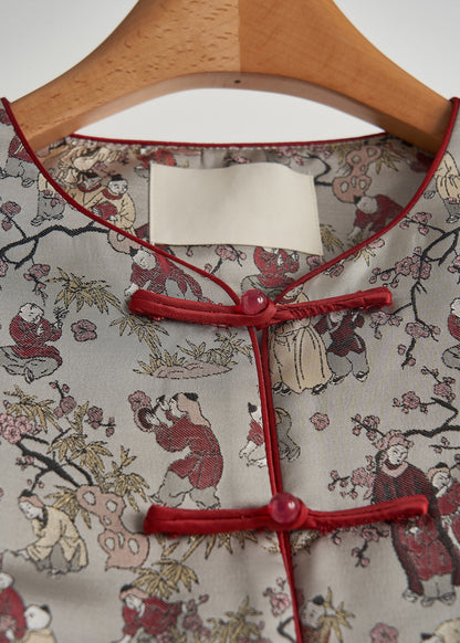 Retro Grey Oversized Print Cotton Oriental Jacket Spring