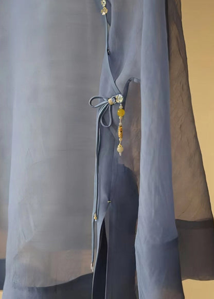 Retro Grey Tasseled Button Patchwork Tulle Shirts Summer