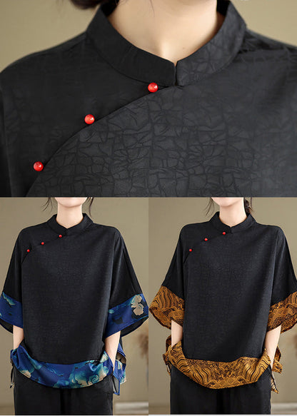 Retro Khaki Mandarin Collar Patchwork Silk Shirts Batwing Sleeve